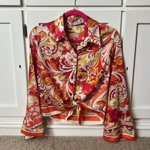 Super fun colorful patterned top from Zara! Bell sleeves- very 70’s